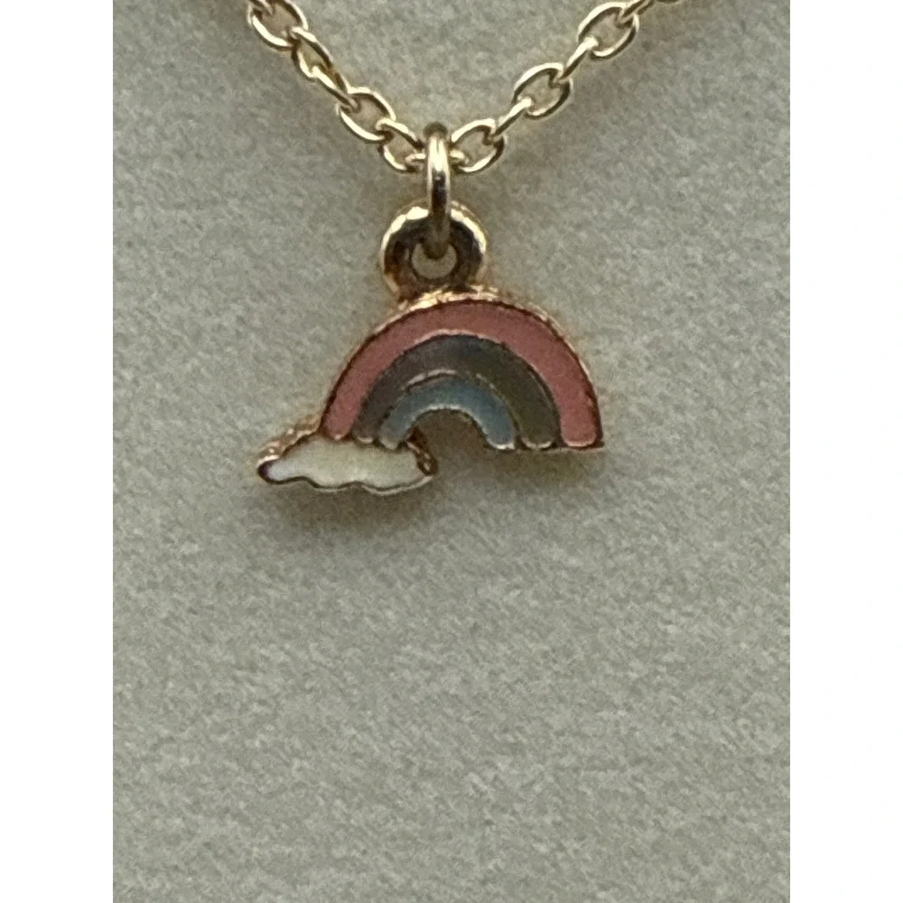 Avon Kids Rainbow Enamel Pendant Necklace Gold Tone Pink Blue White 12.5 Inch